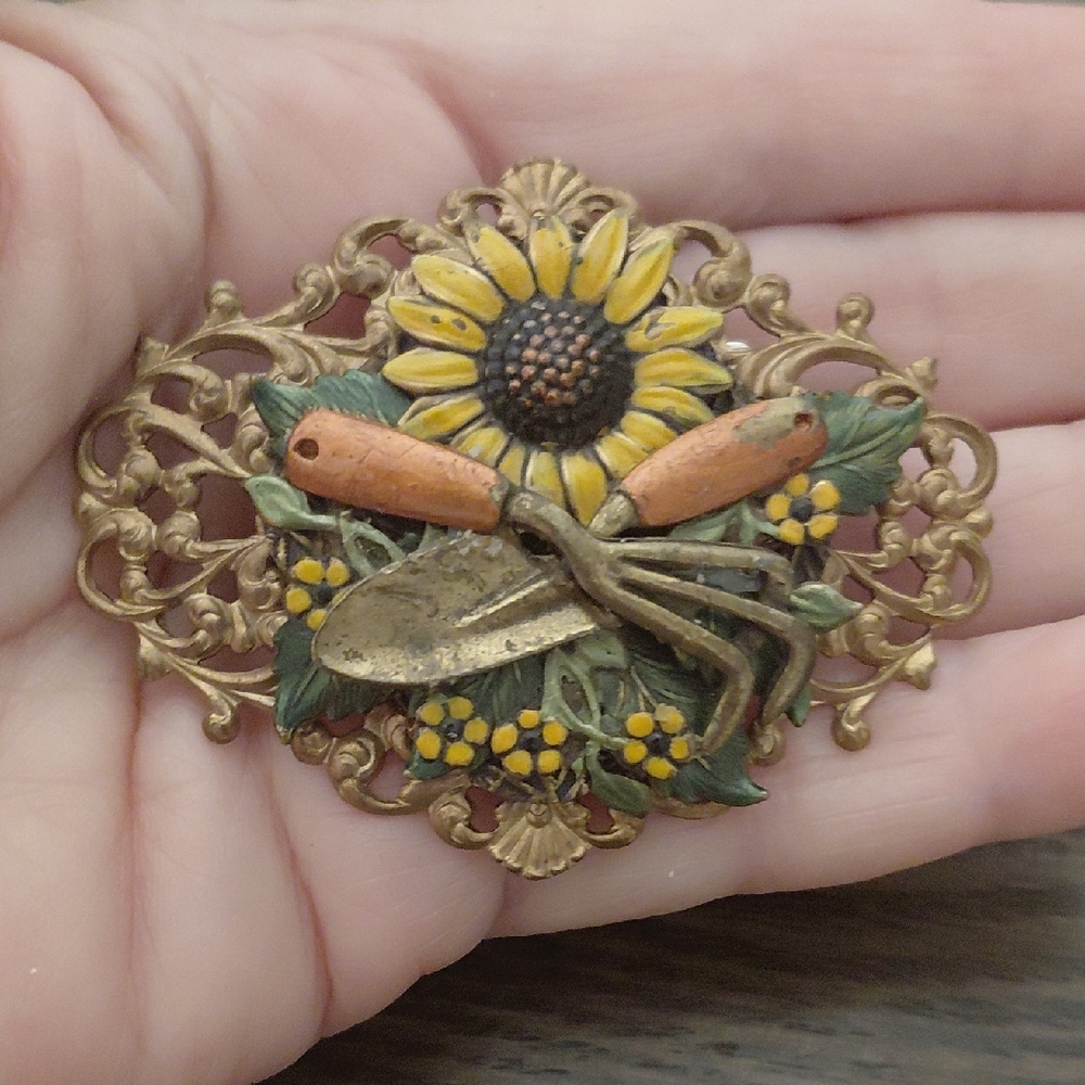 Vintage Sunflower Brooch with Garden Tools Artisian made